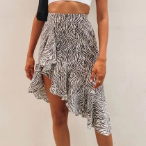 Fashion High Waist Irregular Ruffle Hem Zebra-stripe Printed Skirt