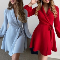 Elegant Solid Color Long Sleeve V-neck Lace-up Slim Fit Dress