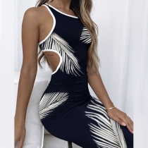 Sexy Back Hollow Out Sleeveless Round Neck Leaf Printed Slim Fit Dress