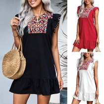 Bohemian Style Sleeveless Ruffle Hem Hairball Cuff Embroidery Spliced Summer Dress