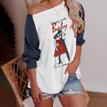 Casual Style Raglan Sleeve Contrast Color Printed Loose T-shirt