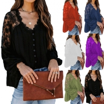 Fashion Lace Spliced Lantern Sleeve V-neck Solid Color Loose Top
