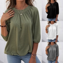 Casual Style 3/4 Sleeve Round Neck Solid Color Loose Top