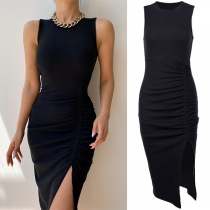 Sexy Slit Hem Sleeveless Round Neck Solid Color Slim Fit Tank Dress