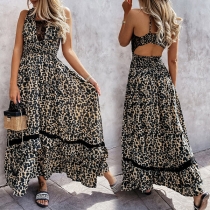 Bohemian Style Backless Deep V-neck High Waist Leopard Printed Maxi Dress