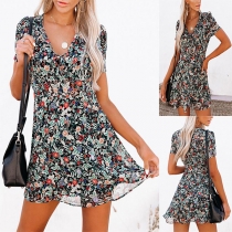 Fresh Style Short Sleeve V-neck High Waist Printed Dress