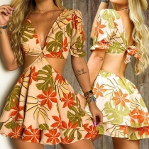 Sexy Backless Deep V-neck Hollow Out HIgh Waist Printed Beach Dress