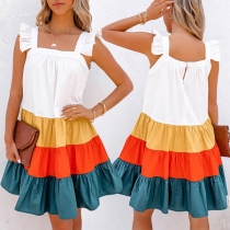 Sexy Backless Contrast Color Loose Ruffle Sling Dress