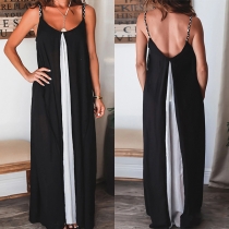 Sexy Backless Contrast Color Sling Loose Maxi Dress