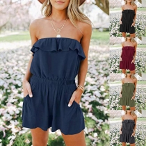 Sexy Ruffle Strapless Elastic High Waist Solid Color Romper