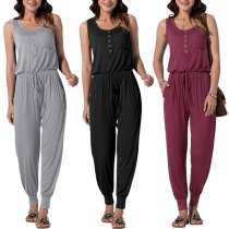 Fashion Solid Color Sleeveless Round Neck Drawstring Waist Jumpsuit