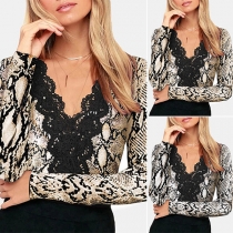 Sexy Lace Spliced V-neck Snakeskin Printed Slim Fit T-shirt