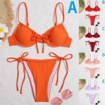 Sexy Lace-up Low-waist Solid Color Bikini Set