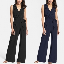 Sexy V-neck Sleeveless High Waist Wide-leg Jumpsuit