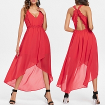 Sexy Lace Spliced Backless V-neck High-low Hem Solid Color Chiffon Dress