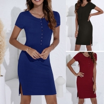 Simple Style Short Sleeve Round Neck Front-button Slim Fit Knit Dress