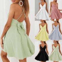 Sexy Backless V-neck High Waist Solid Color Sling Chiffon Dress