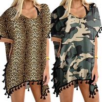 Playful Style Short Sleeve V-neck Leopard/Camouflage Printed Beach Smock