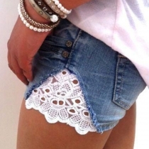 Casual Style Middle Waist Side Lace-trim Spliced Denim Shorts