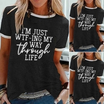 Casual Style Short Sleeve Round Neck Letters Printed Contrast Color T-shirt