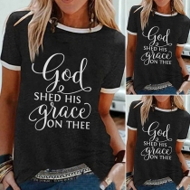 Casual Style Short Sleeve Round Neck Letters Printed Contrast Color T-shirt