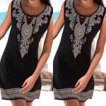 Casual Style Sleeveless Hollow Out V-neck Printed Beach Dress