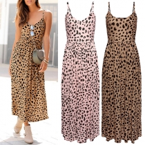 Sexy Backless V-neck High Waist Leopard Printed Sling Beach Dress