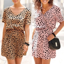 Sexy V-neck Short Sleeve Elastic High Waist Leopard Printed Dress