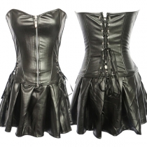 Sexy Strapless Front-zipper Lace-up Slim Fit PU Leather Dress