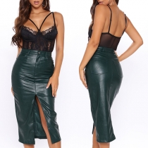 Sexy Front-slit Hem High Waist Solid Color Slim Fit PU Leather Skirt