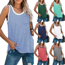 Casual Style Sleeveless Round Neck Contrast Color Loose Tank Top