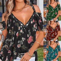 Sexy Off-shoulder Short Sleeve V-neck Loose Sling printed T-shirt