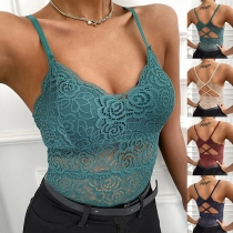 Sexy Backless V-neck Solid Color Hollow Out Lace Sling Underwear Bra