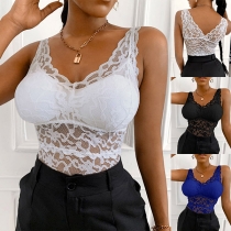 Sexy Backless V-neck See-through Lace Spliced Underwear Bra Tank Top