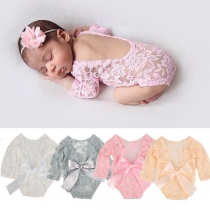 Sweet Style Bow-knot Backless Long Sleeve Lace Romper + Flower Headband for Babies