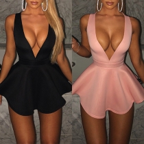Sexy Backless Deep V-neck High Waist Solid Color Sleeveless Romper