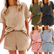 Fashion Solid Color Short Sleeve Ruffle Hem T-shirt + Shorts Two-piece Set