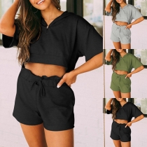 Fashion Solid Color Short Sleeve Hooded Crop Top + High Waist Shorts Two-piece Set