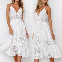 Sexy Backless V-neck Hollow Out Lace Spliced Sling Dress