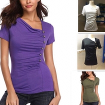 Chic Style Oblique V-neck Front-button Short Sleeve Solid Color T-shirt