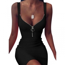 Sexy Zipper V-neck Solid Color Slim Fit Sling Dress