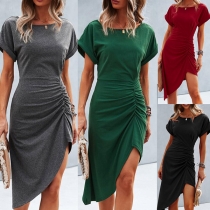 Fashion Solid Color Short Sleeve Round Neck Irregular Hem Dress
