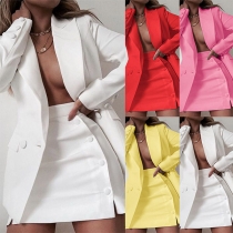 OL Style Long Sleeve Solid Color Slim Fit Blazer + Skirt Two-piece Set