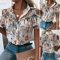 Sexy Off-shoulder Short Sleeve POLO Collar Printed Ruffle Shirt