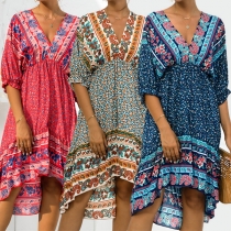 Bohemian Style Half Sleeve V-neck High-low Hem Printed Dress