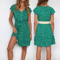 Fresh Style Short Sleeve V-neck Elastic Waist Printed Dress