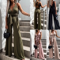 Sexy Crossover Backless Deep V-neck High Waist Wide-leg Jumpsuit
