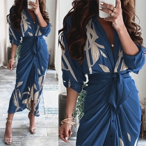 Sexy Deep V-neck Long Sleeve Irregular Hem Printed Wrinkled Shirt Dress
