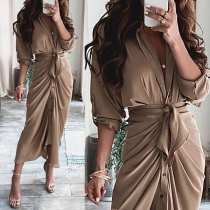 Sexy Deep V-neck Long Sleeve Irregular Hem Solid Color Wrinkled Shirt Dress