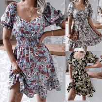Sweet Style Lantern Sleeve Square Collar Ruffle Hem Printed Dress